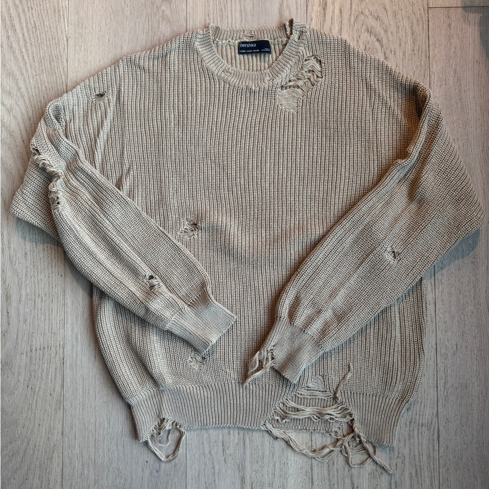 Bershka Distressed Beige Knit Sweater Size XS